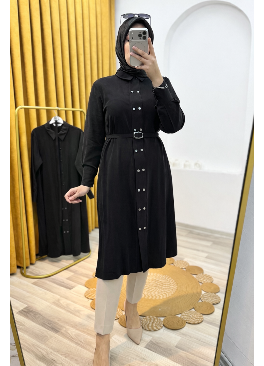 Kemerli Düğmeli Tencel Kumaş Tesettür Tunik Siyah