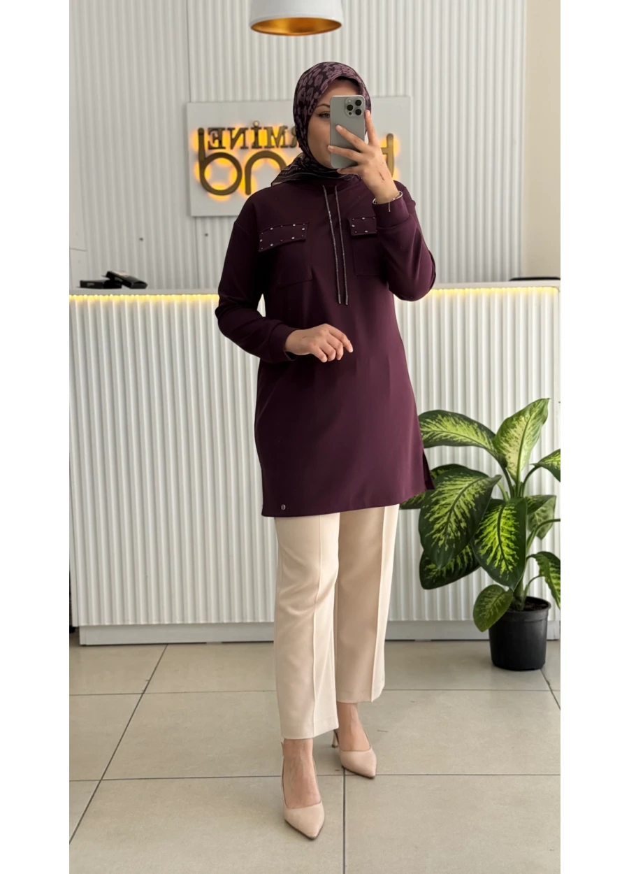 Armine Trend  Cep Kapağı Taş İşlemeli Tunik Mürdüm