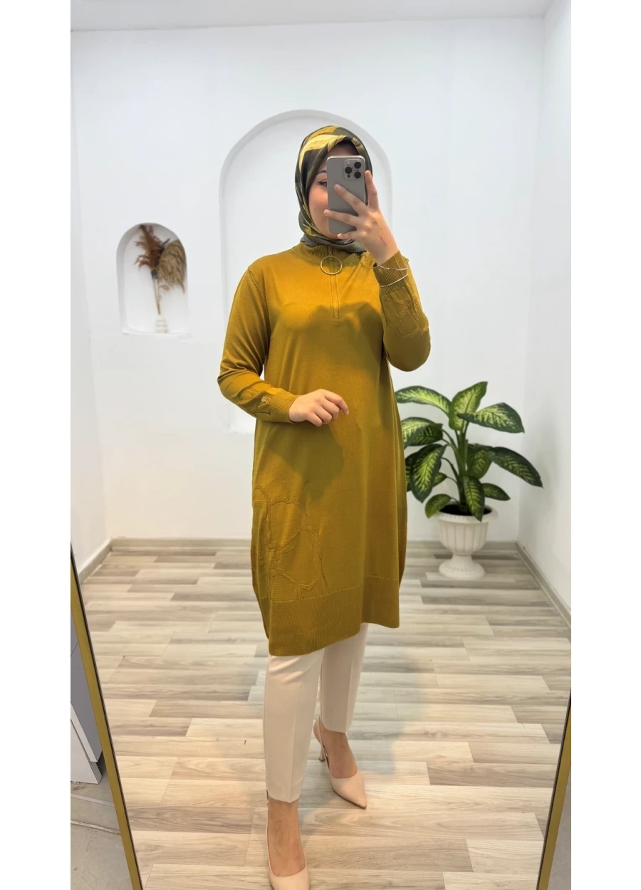 Armine Trend Omuz Desenli Çiçek Baskılı  Triko Tunik Yağ Yeşili