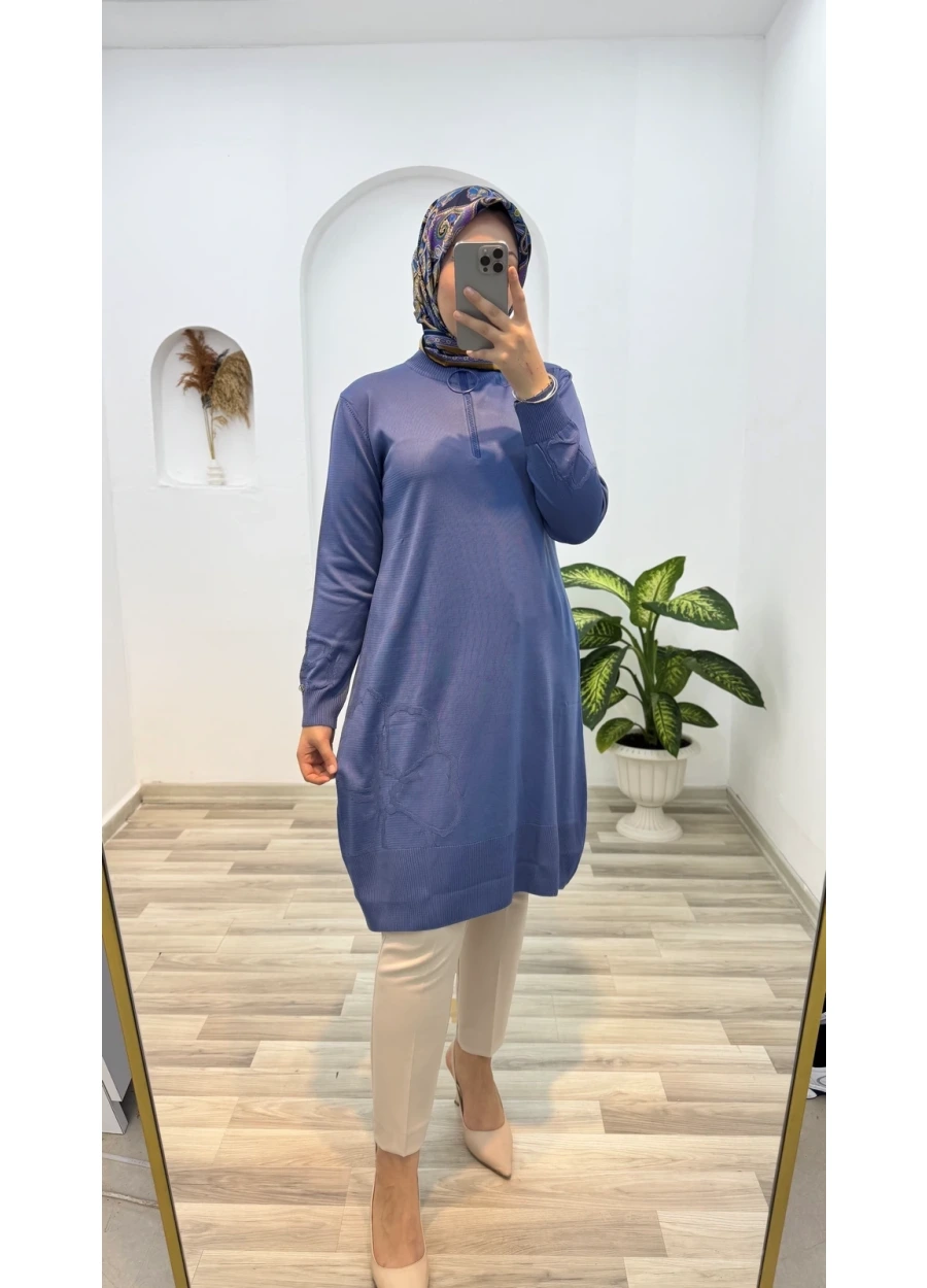 Armine Trend Omuz Desenli Çiçek Baskılı  Triko Tunik İndigo