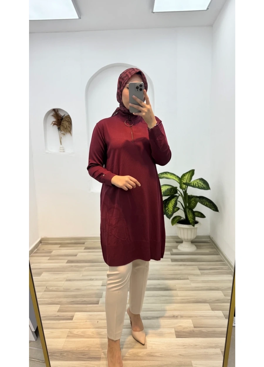 Armine Trend Omuz Desenli Çiçek Baskılı  Triko Tunik Bordo