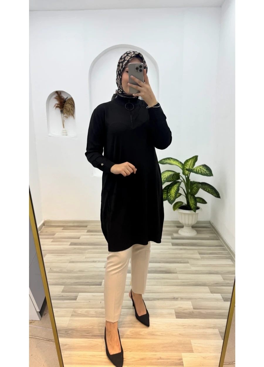 Armine Trend Omuz Desenli Çiçek Baskılı  Triko Tunik Siyah