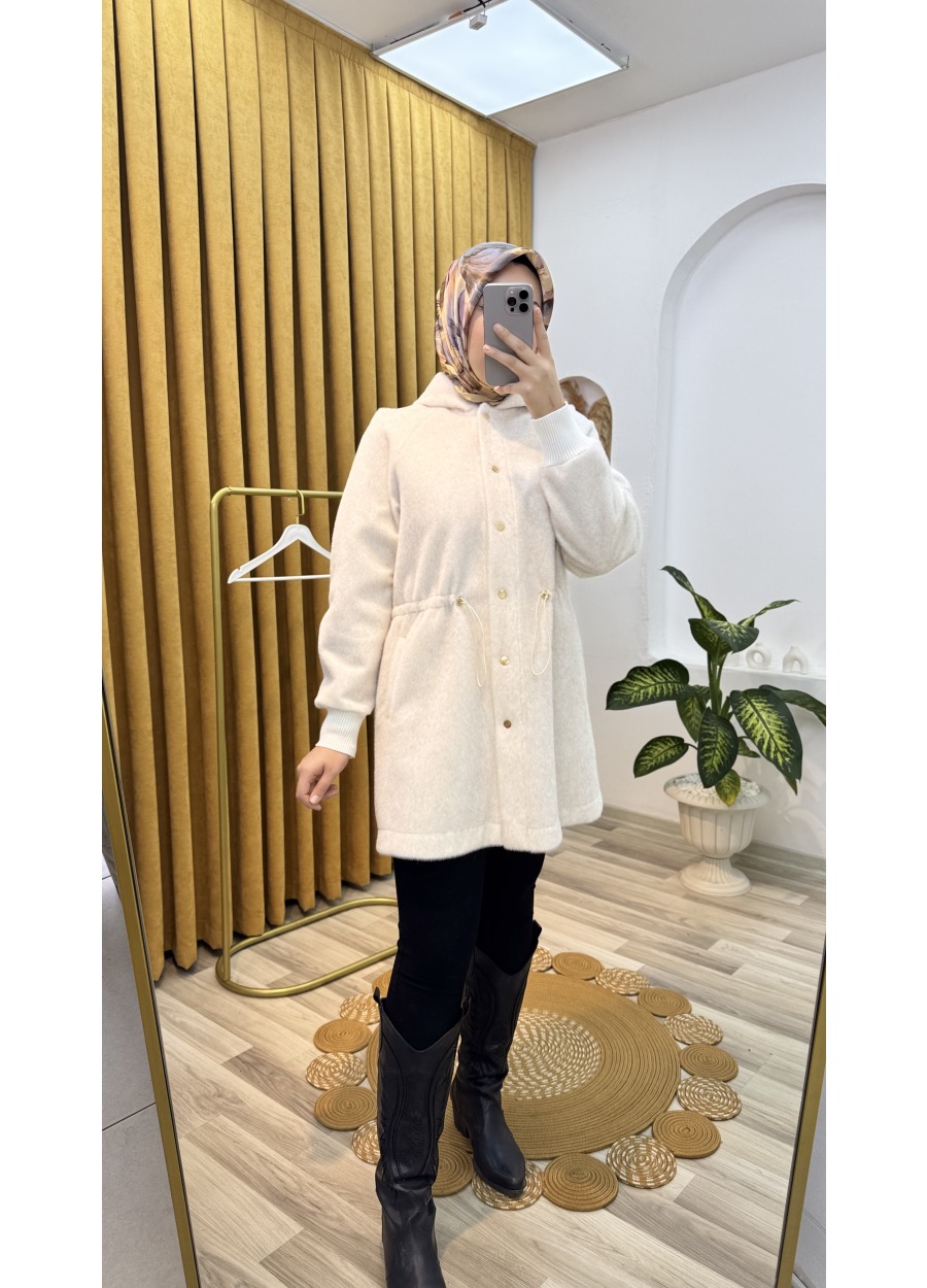 Angora Kaşe Kapüşonlu Ekru