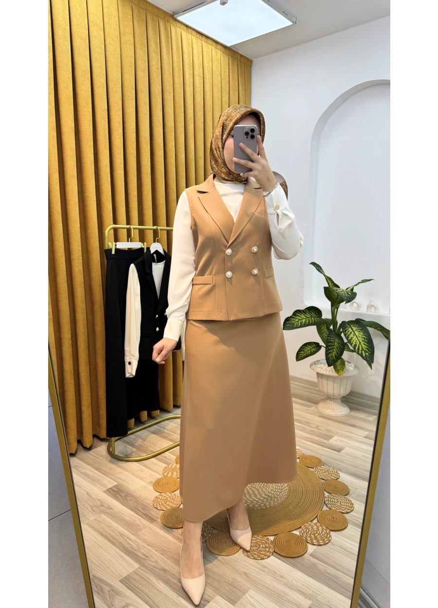 Esswaap Denizci Düğmeli Bluz Yelek Etek Takım Camel