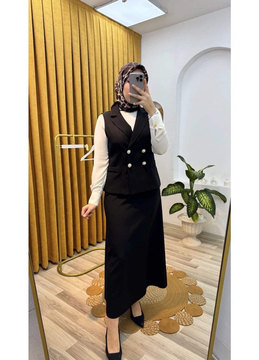 Esswaap Denizci Düğmeli Bluz Yelek Etek Takım Siyah