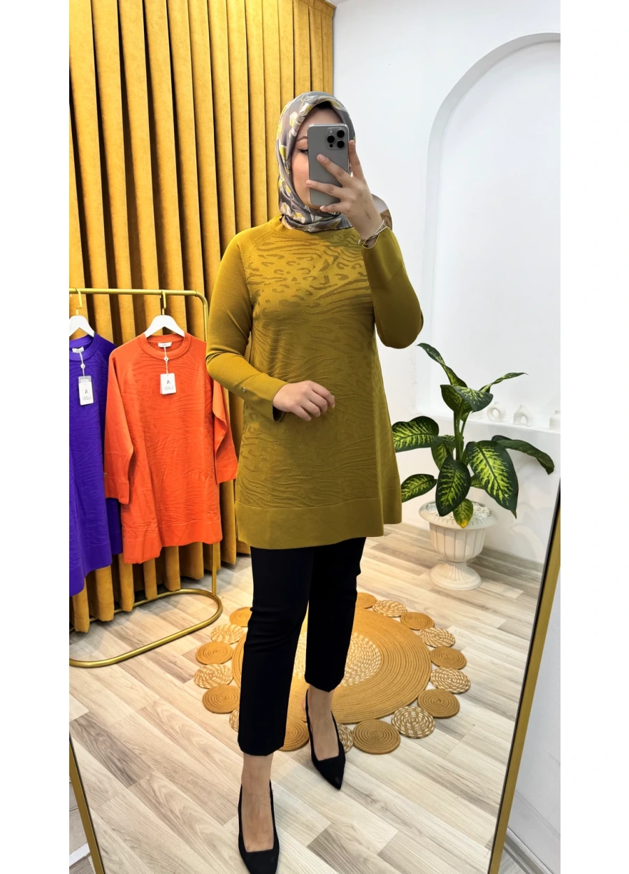 Armine Trend Desenli Triko Tunik Yağ Yeşili
