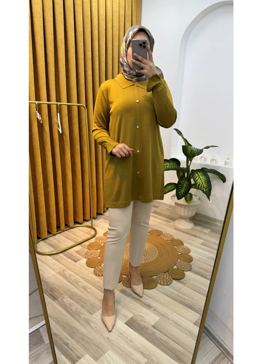 Armine Trend Düğme Detaylı Gömlek Yaka Triko Yağ Yeşili