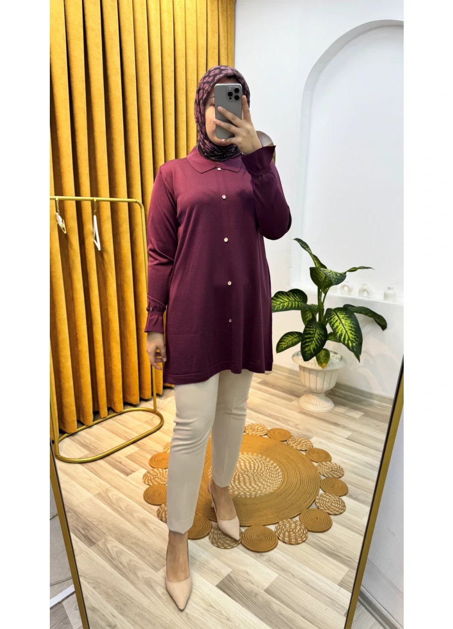 Armine Trend Düğme Detaylı Gömlek Yaka Triko Mürdüm