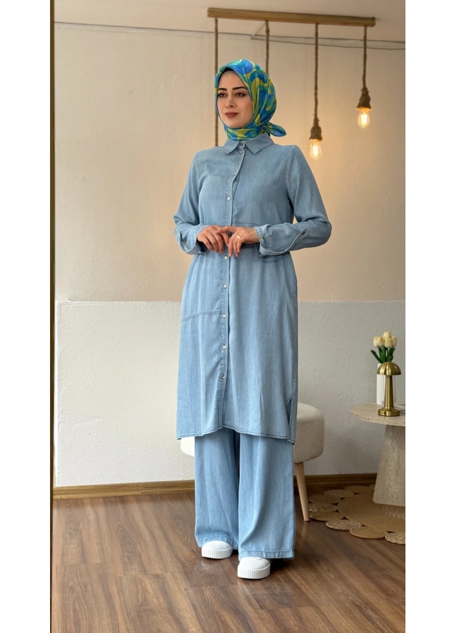 Armine Trend İnce Kot Pantolonlu Takım Buz Mavi