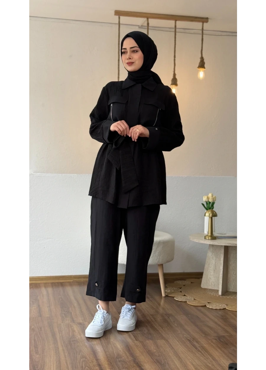 Armine Trend Cepleri Fermuar Detay Pantolonlu Takım Siyah