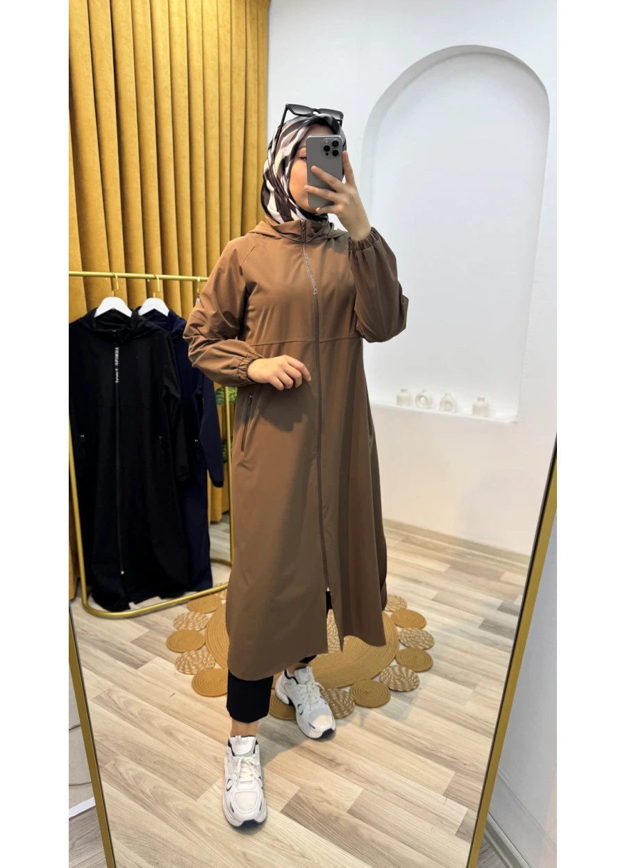 Armine Trend Yazı Detay Fermuarlı Uzun Kap Vizon