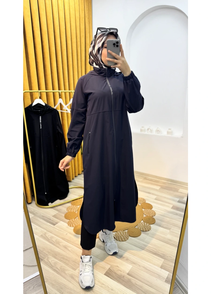 Armine Trend Yazı Detay Fermuarlı Uzun Kap Lacivert