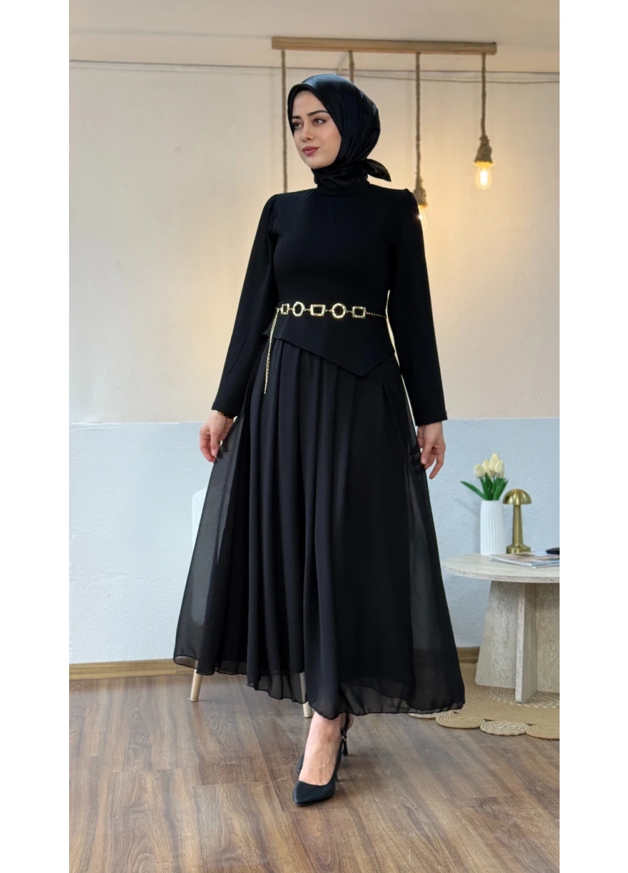 Armine Trend Metal Kemerli Elbise Siyah