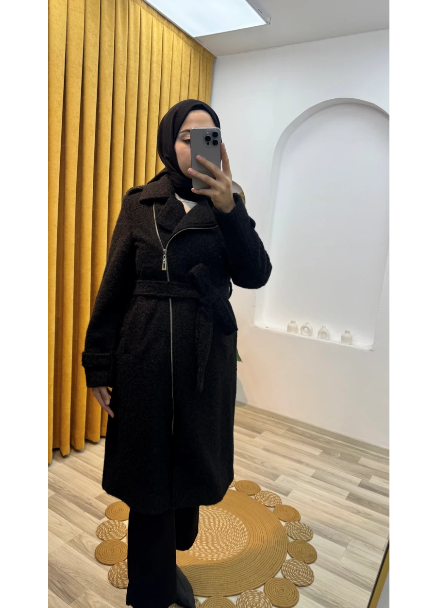 Kuşaklı Fermuarlı Dokulu Tesettür Kaban Siyah