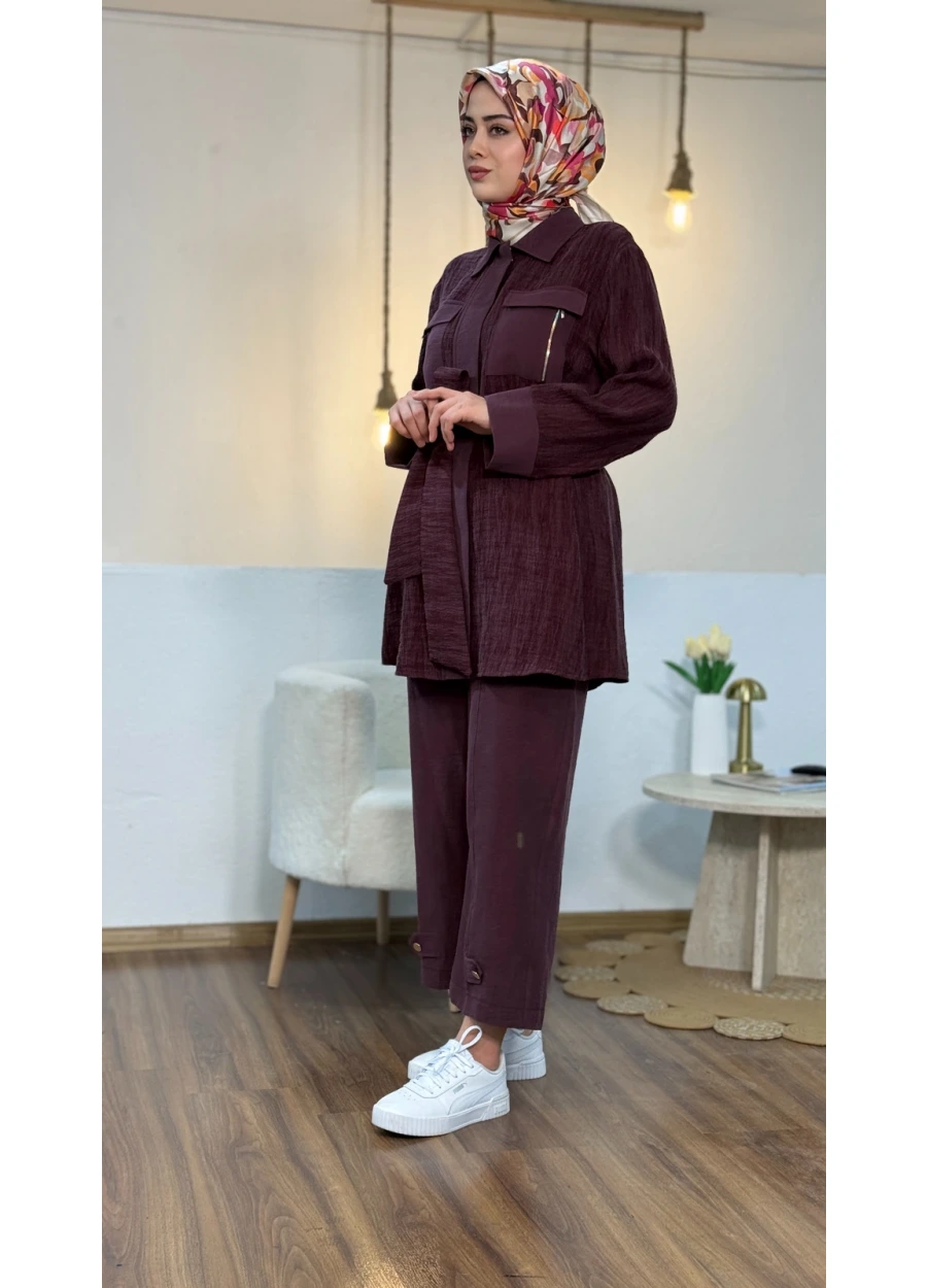 Armine Trend Cepleri Fermuar Detay Pantolonlu Takım Mürdüm