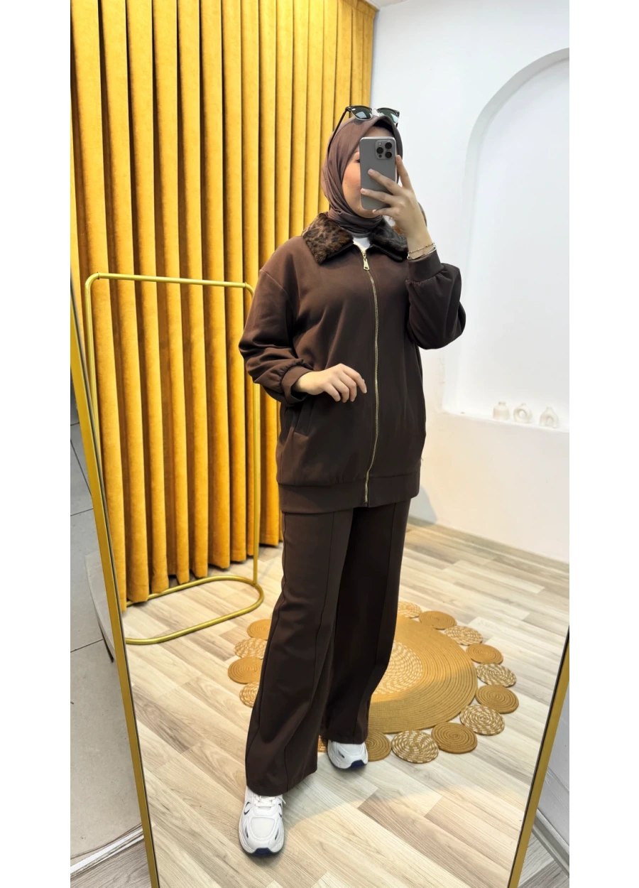 Leopar Detaylı Kürk Yakalı  Fermuarlı Tesettür Takım