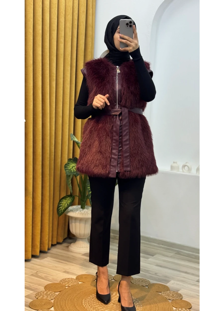 Marcha Fermuarlı Pelüş Yelek Bordo