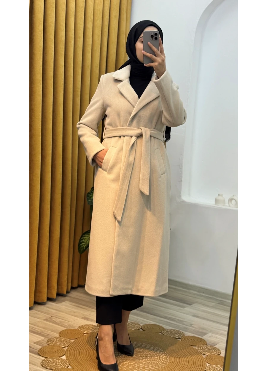 Puane Bel Kuşaklı Kaban Bej