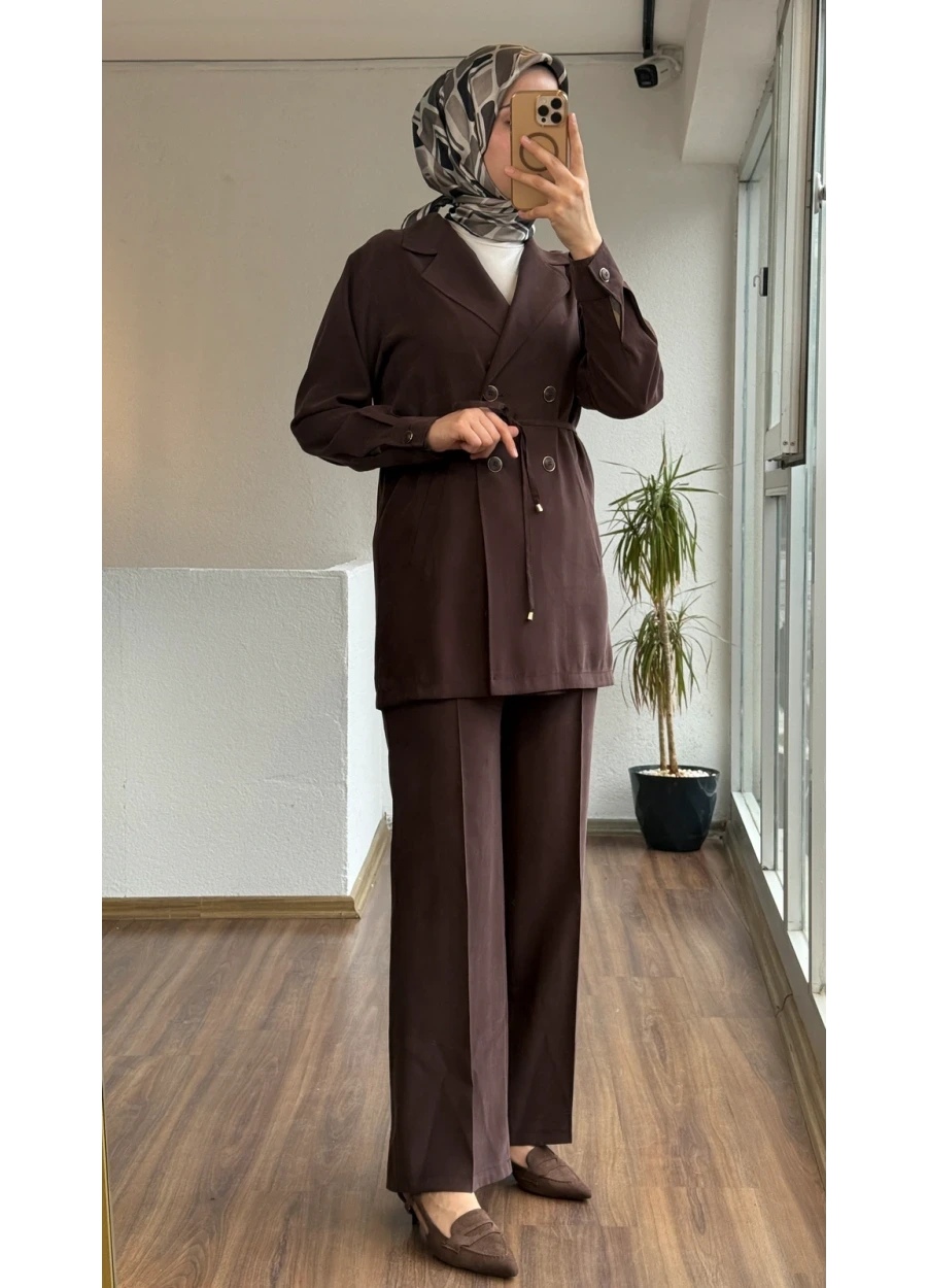 Gaze Belden Bağlamalı Ceket Yaka Takım Kahverengi