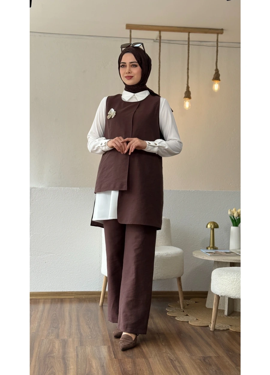 Esswaap Broş Detaylı Pantolonlu Takım Kahverengi