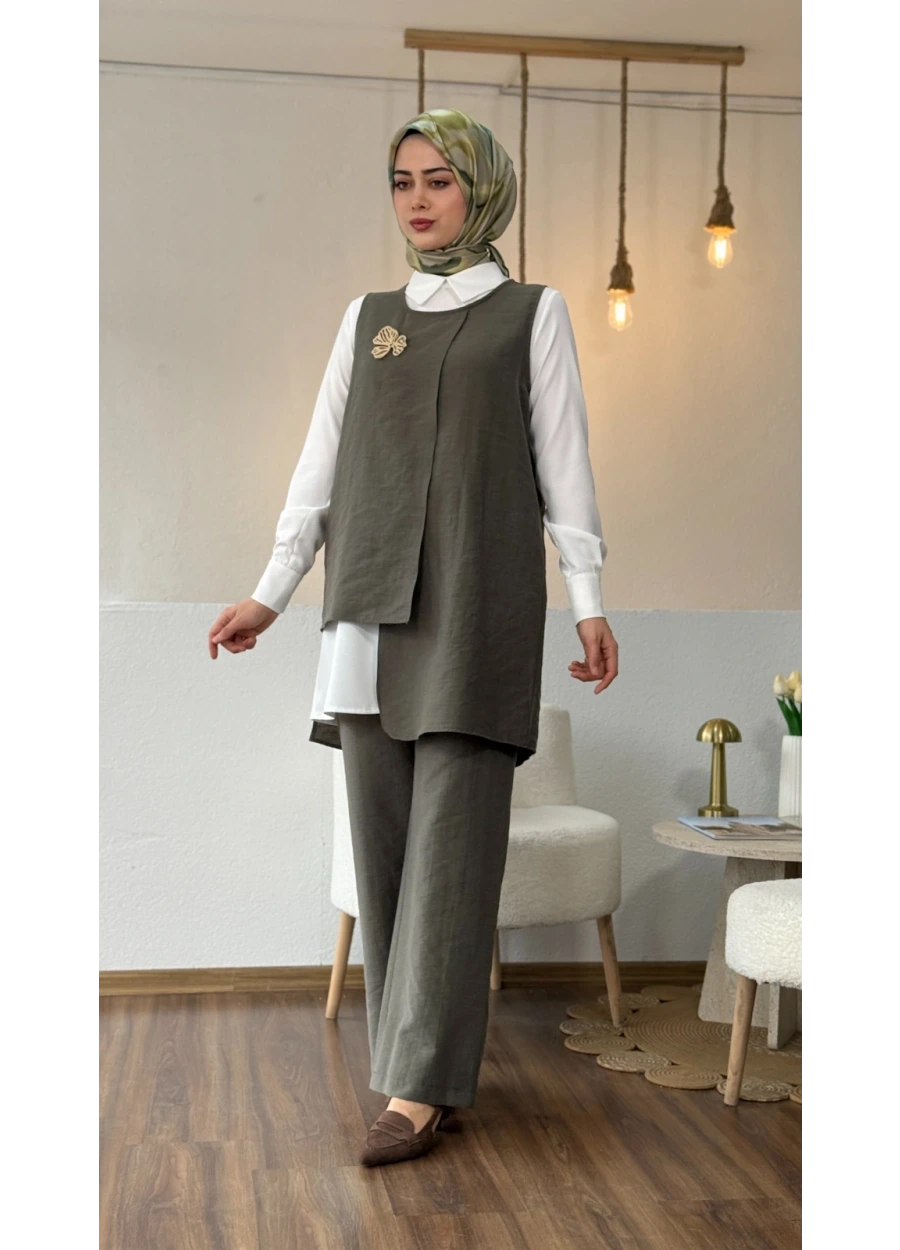 Esswaap Broş Detaylı Pantolonlu Takım Haki