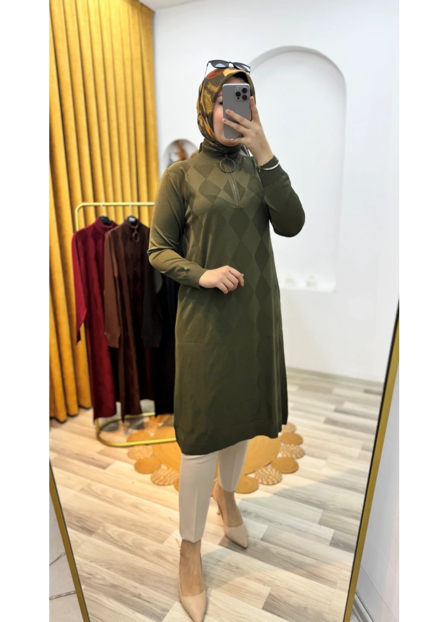 Armine Trend Baklava Desen Triko Tunik Haki