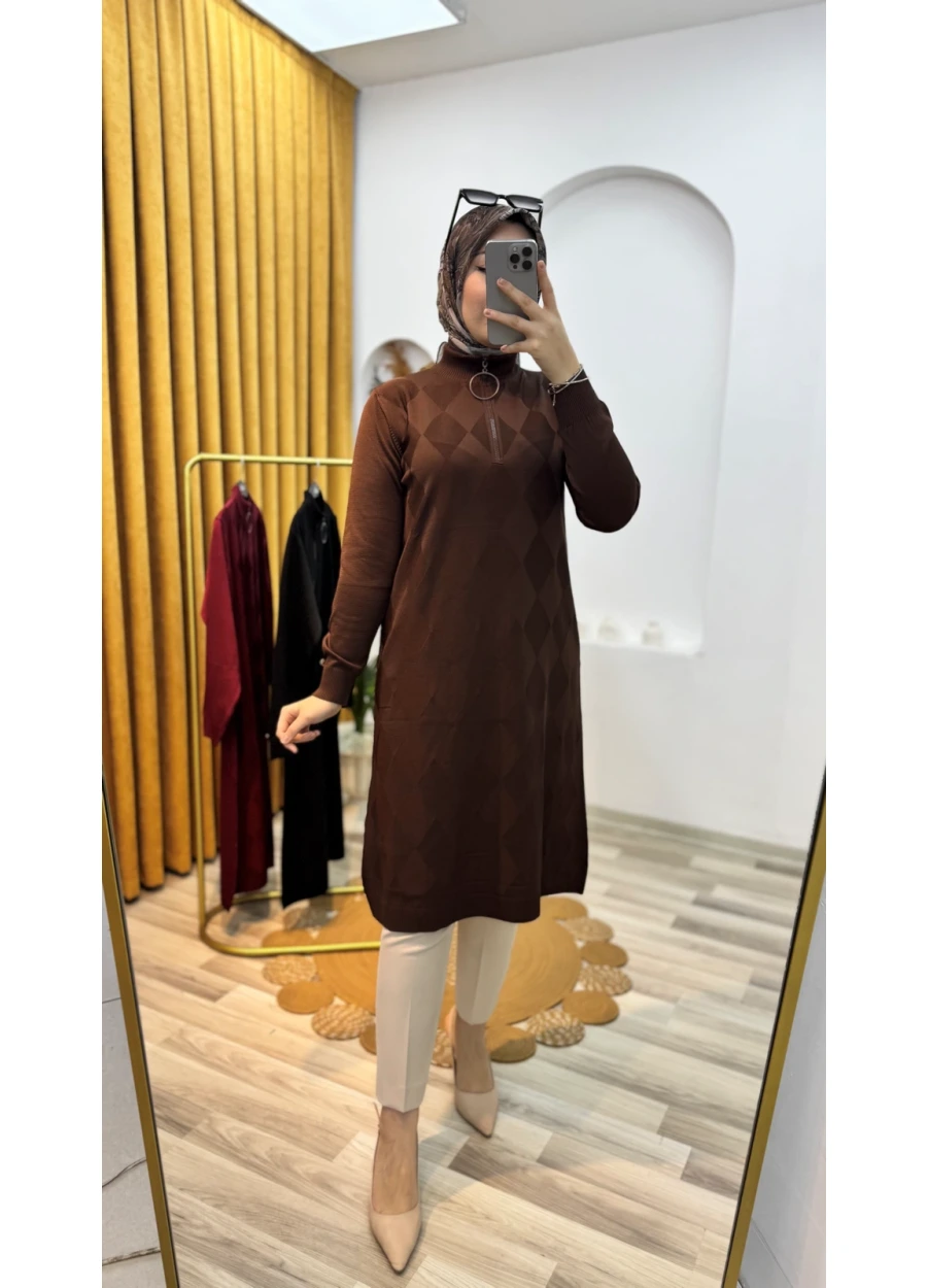 Armine Trend Baklava Desen Triko Tunik Kahverengi