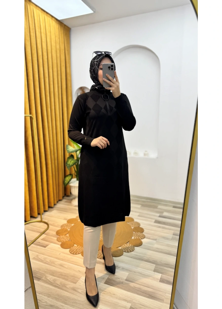 Armine Trend Baklava Desen Triko Tunik Siyah