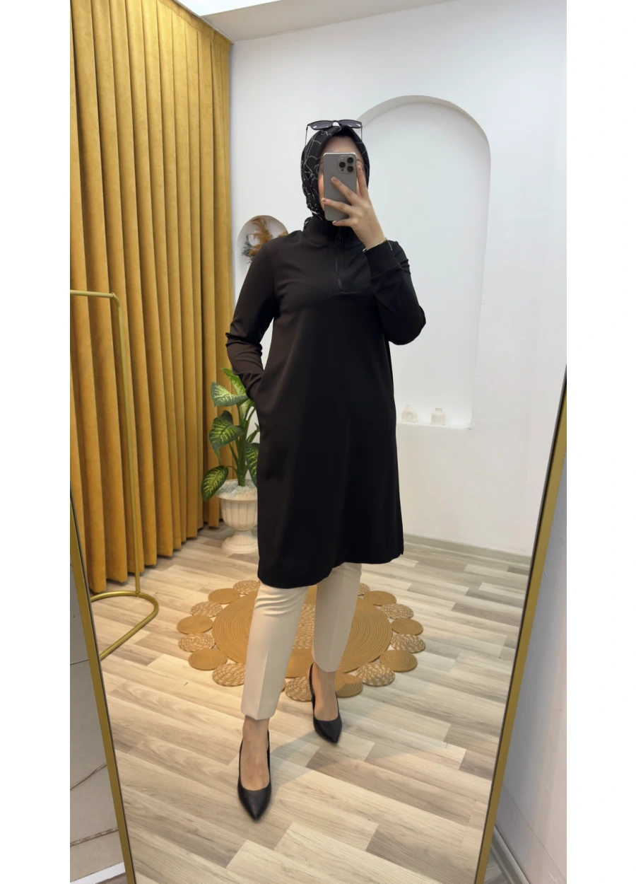 Armine Trend Kolları Ribanalı Yarım Fermuarlı Tunik Siyah