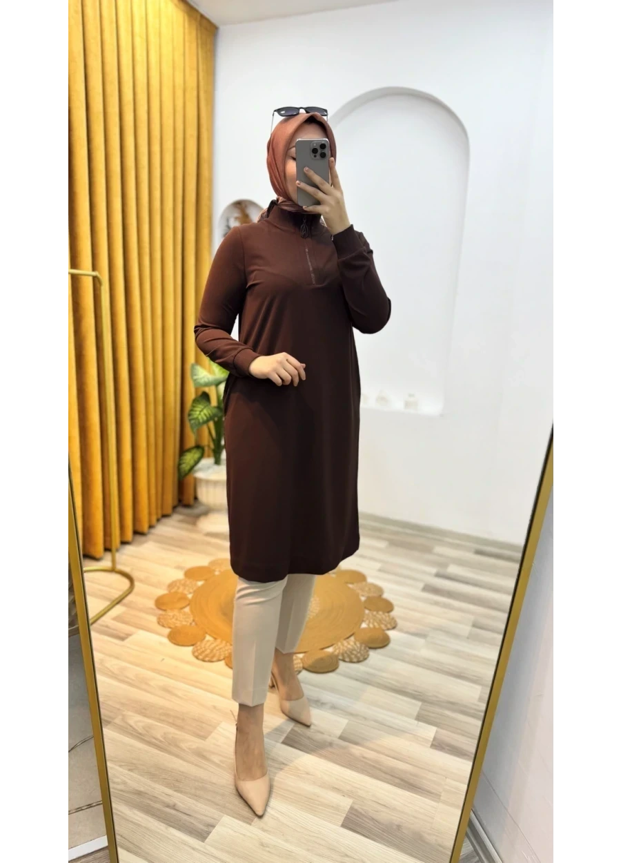 Armine Trend Kolları Ribanalı Yarım Fermuarlı Tunik Açık Kahve