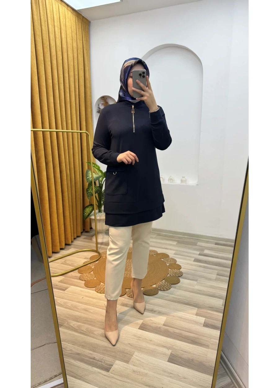 Armine Trend Önden Fermuarlı Kol Ucu Ribanalı Tunik Lacivert