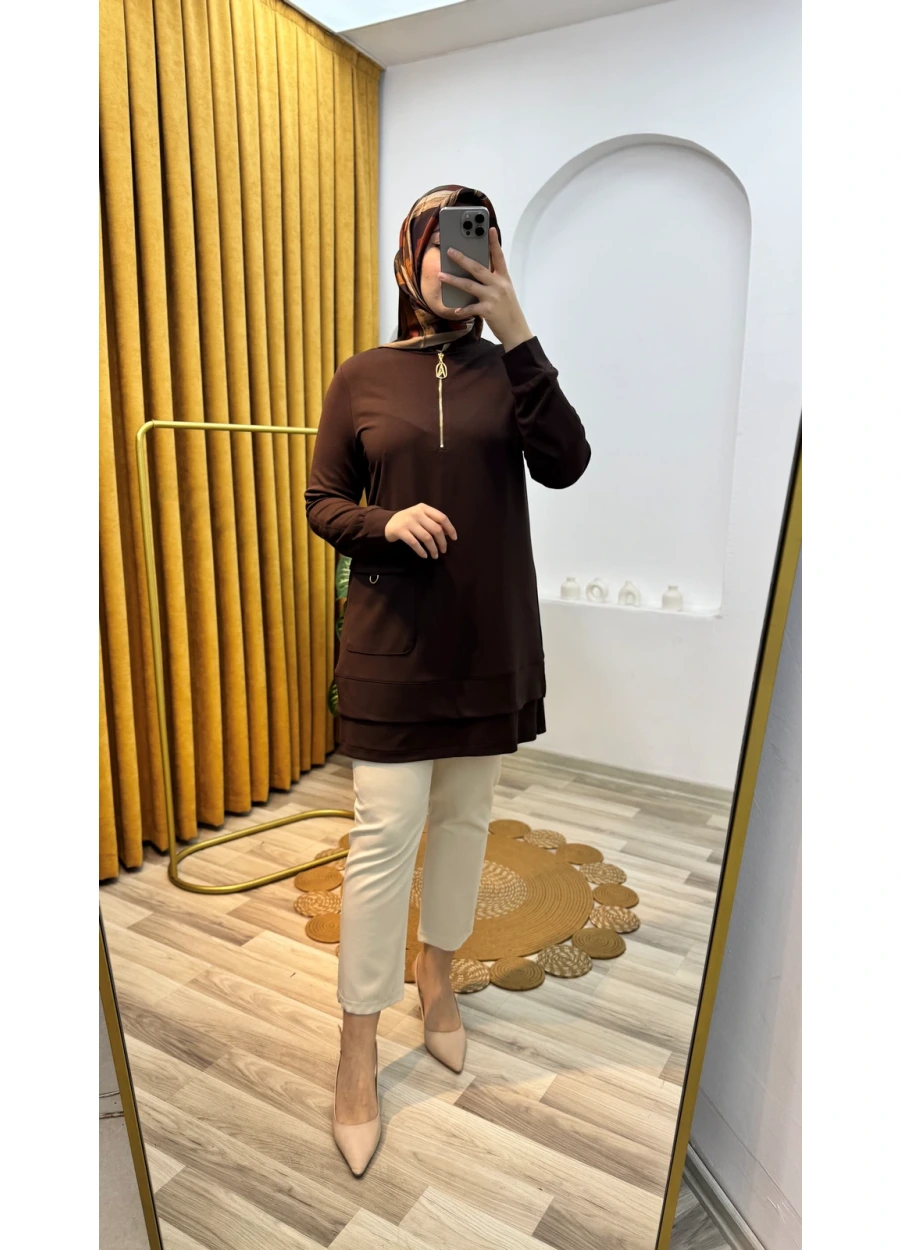 Armine Trend Önden Fermuarlı Kol Ucu Ribanalı Tunik Acı Kahve
