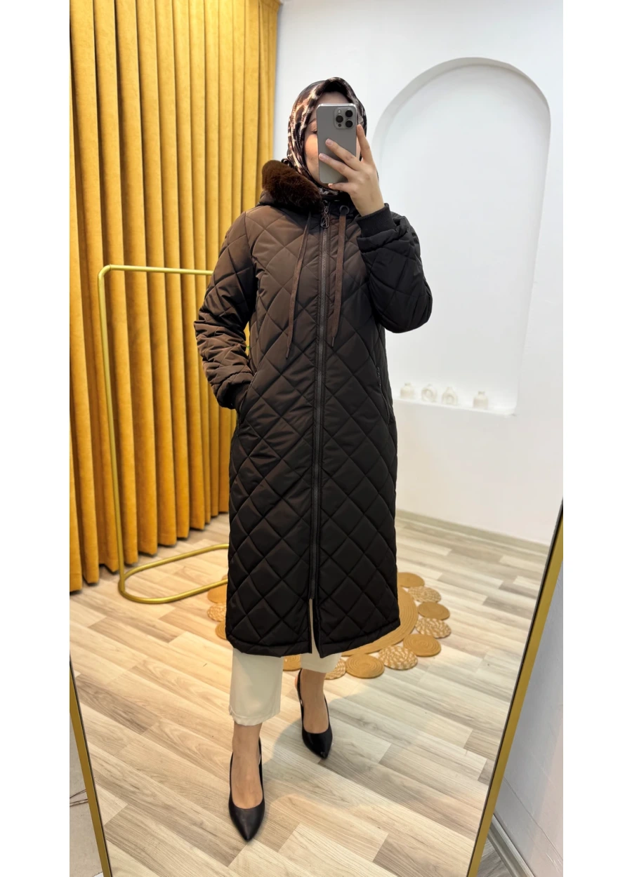 Armine Trend Kapüşonu Kürk Detaylı Mont Kahve