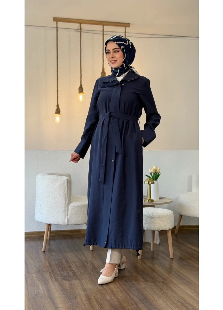 Armine Trend Yakası File Detaylı Belden Kuşaklı Yandan Fermuarlı Kap Lacivert
