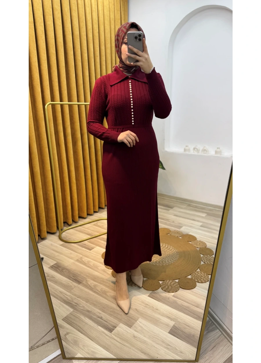 Kado Üst Saçörgü İncili Gömlek Yaka Elbise Bordo