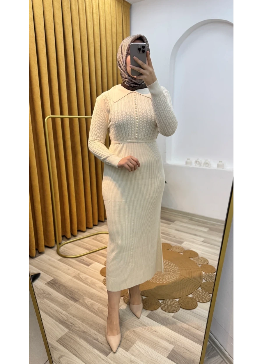 Kado Üst Saçörgü İncili Gömlek Yaka Elbise Krem