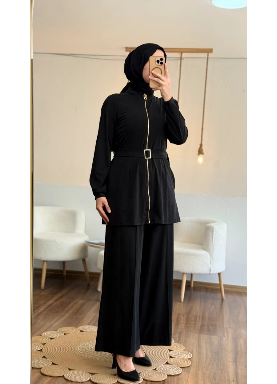 Armine Trend Kemer Detay Pantolonlu Takım Siyah