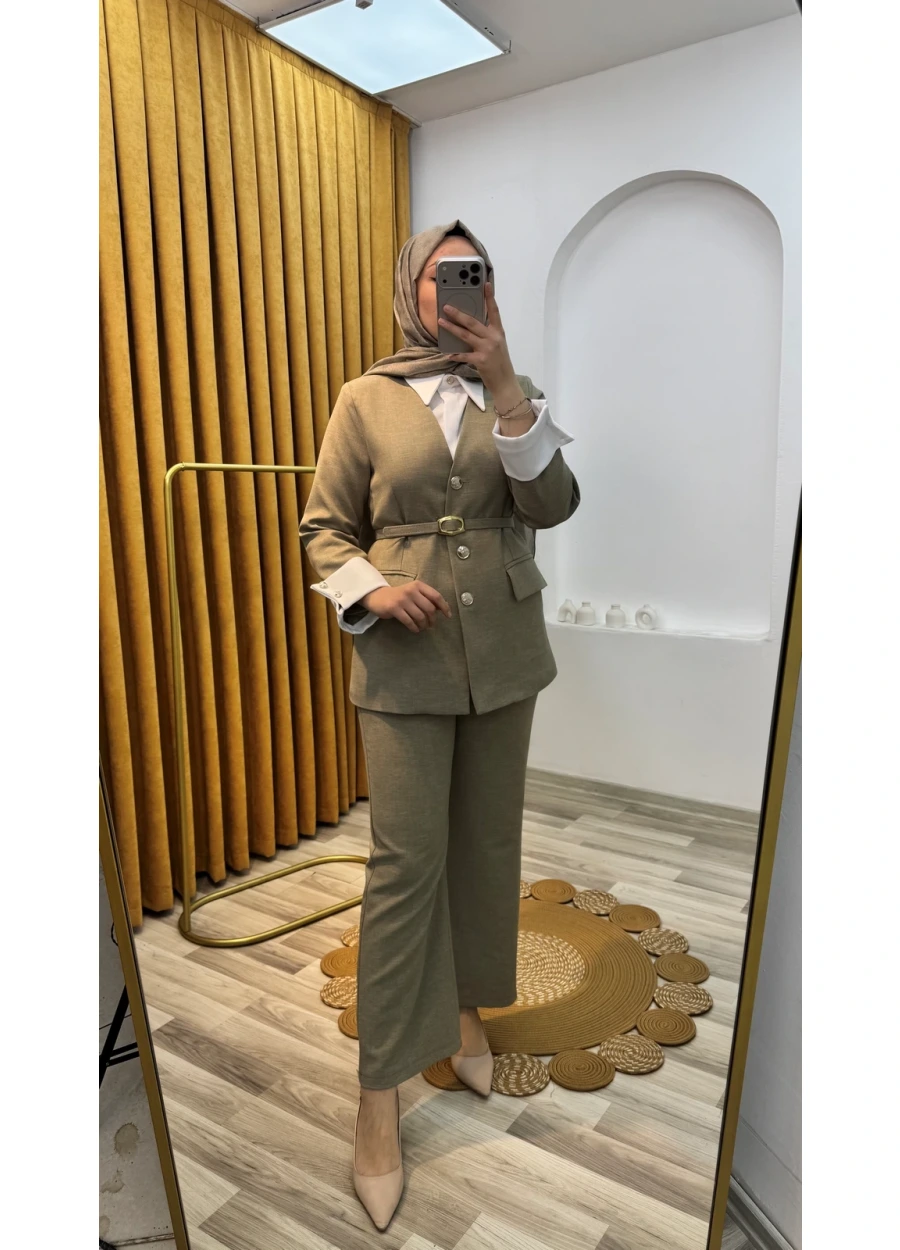 Gömlek Detaylı Ceketli Takım Haki