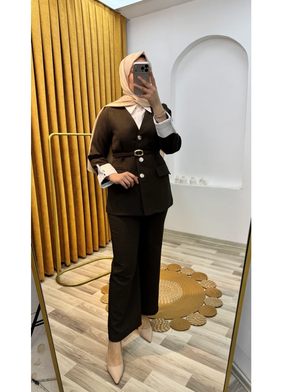 Gömlek Detaylı Ceketli Takım Kahverengi