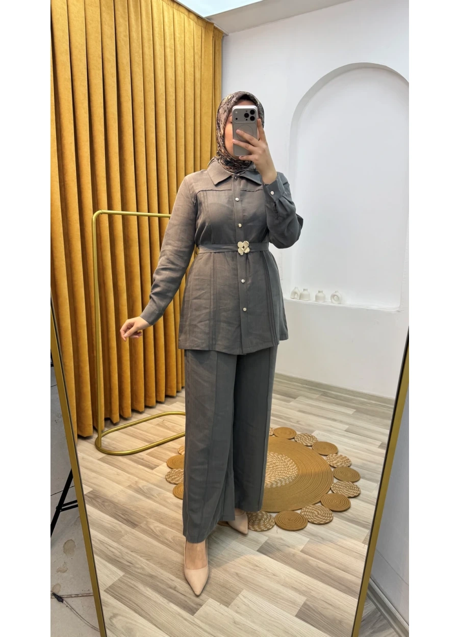 Önü Kemerli Pantolonlu Takım Füme Gri