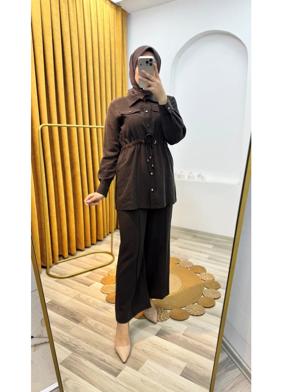 Tencel Kumaş Beli Büzgülü Takım Kahverengi