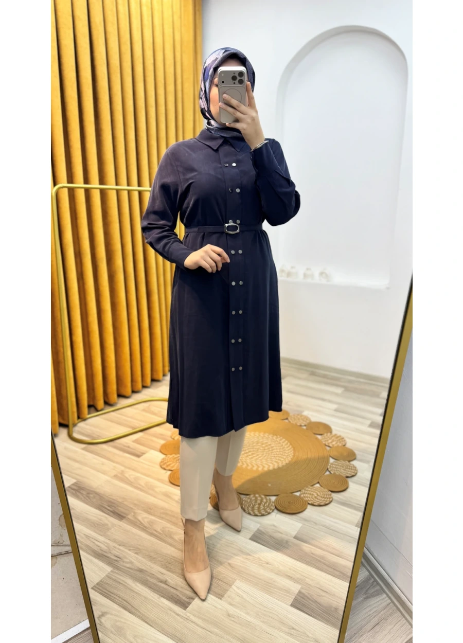 Kemerli Düğmeli Tencel Kumaş Tesettür Tunik Lacivert