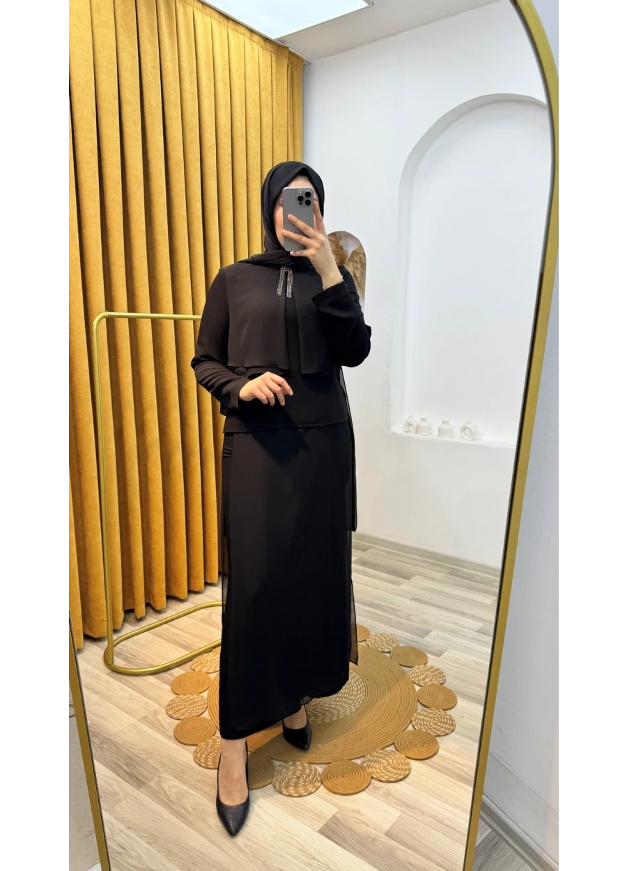 Armine Trend Broş Detaylı Şifonlu Pantolonlu Takım Siyah