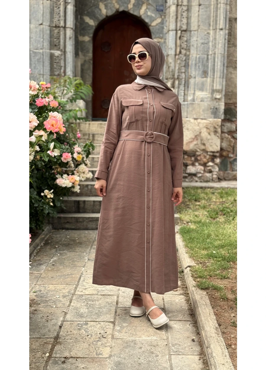 Armine Trend Kemerli Elbise Kahve