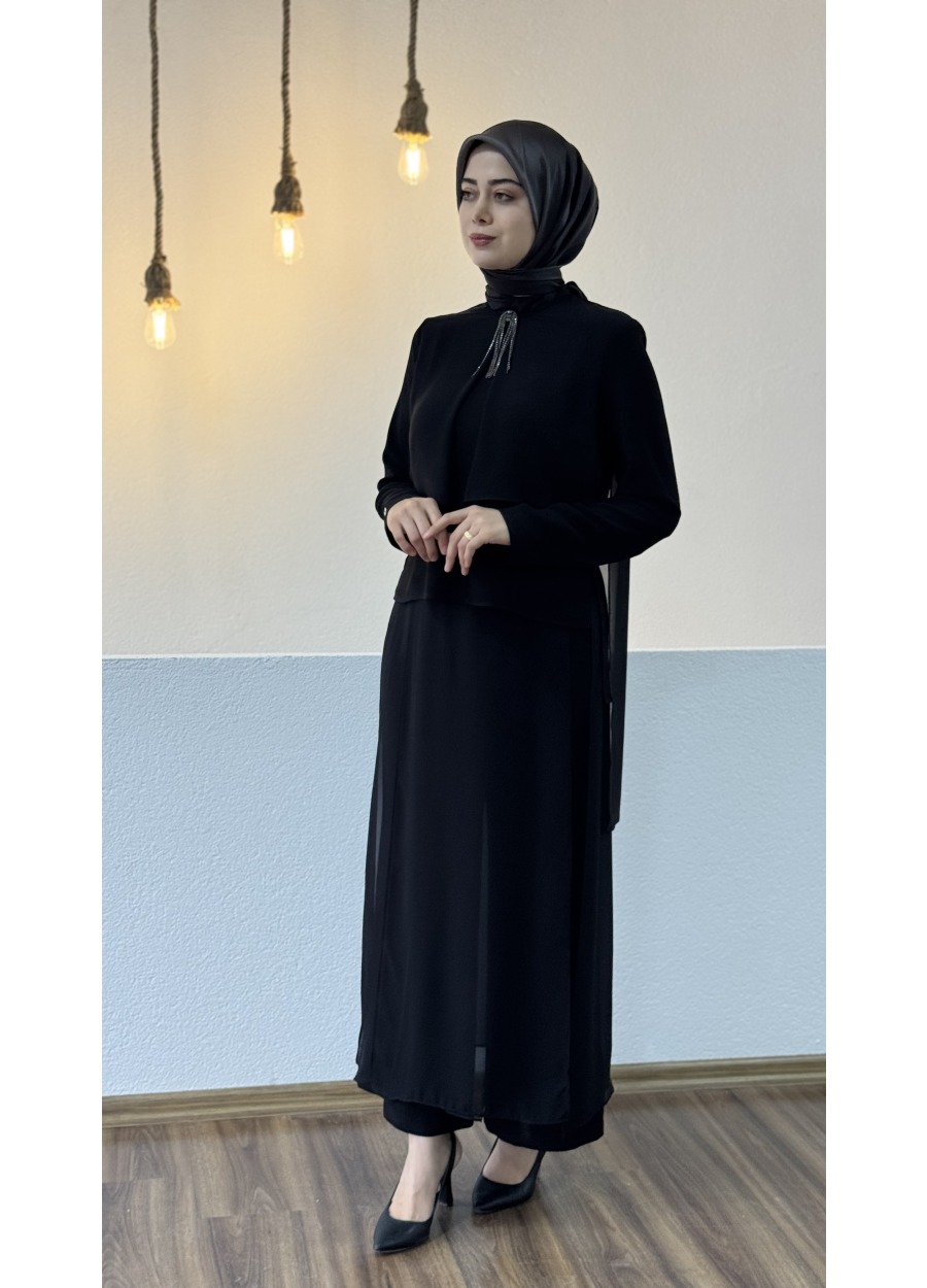 Armine Trend Broş Detaylı Şifonlu Pantolonlu Takım Siyah