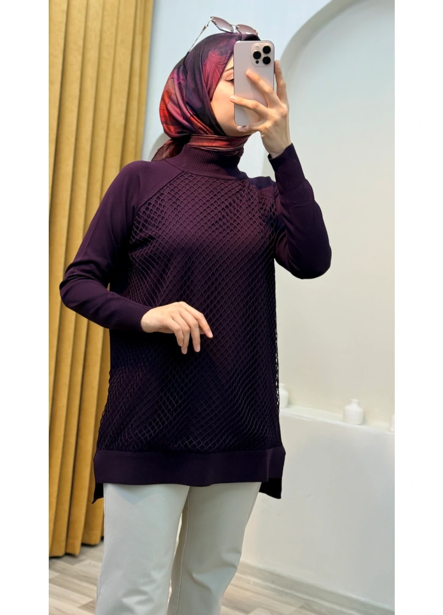 Vivalolita Önü Fırfırlı Triko Tunik Mürdüm