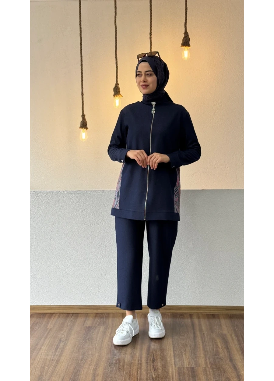 Armine Trend Yan Etnik Desen Pantolonlu Takım Lacivert