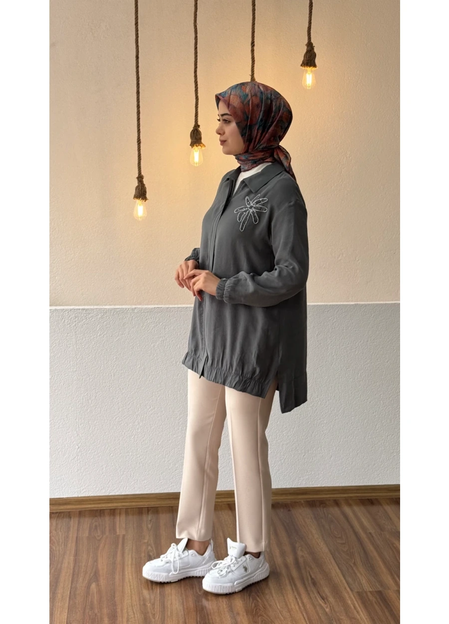 Armine Trend Yaka Palmiye Taş İşlemeli Tunik Petrol