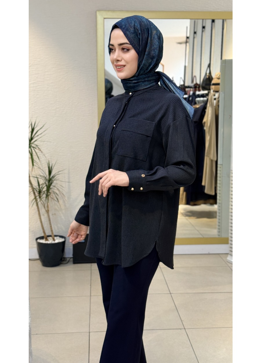 Avenna Hakim Yaka Pat Detaylı Çizgili Tunik Lacivert