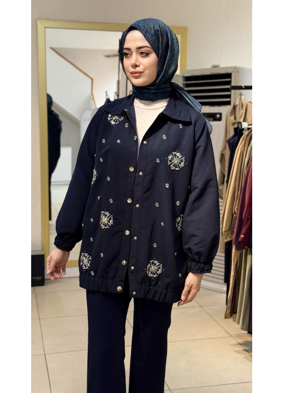 TAŞ İŞLEMELİ LACİVERT BOMBER CEKET